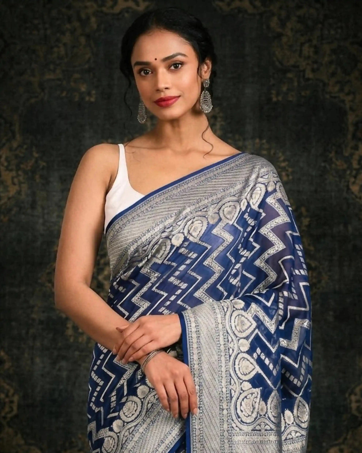 Rajkumari Chevron Blue Banarasi Silk Saree