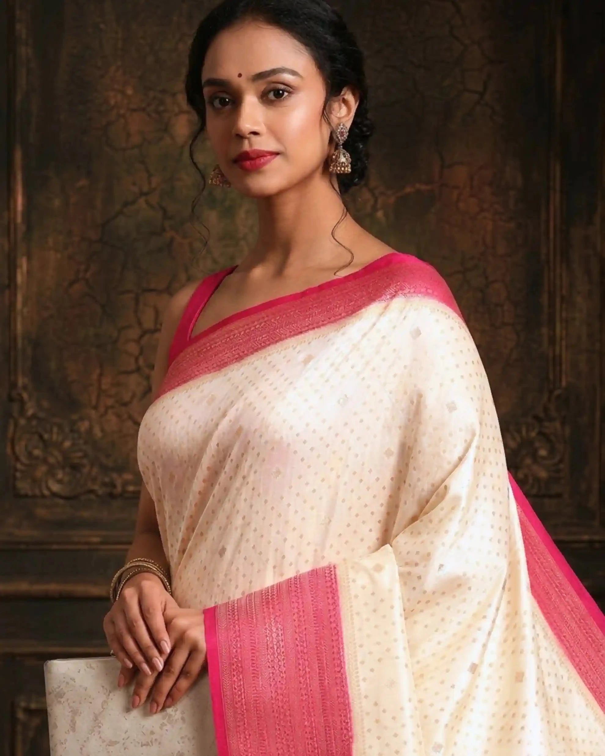 Rani Pushp Cream Pink Banarasi Silk Saree