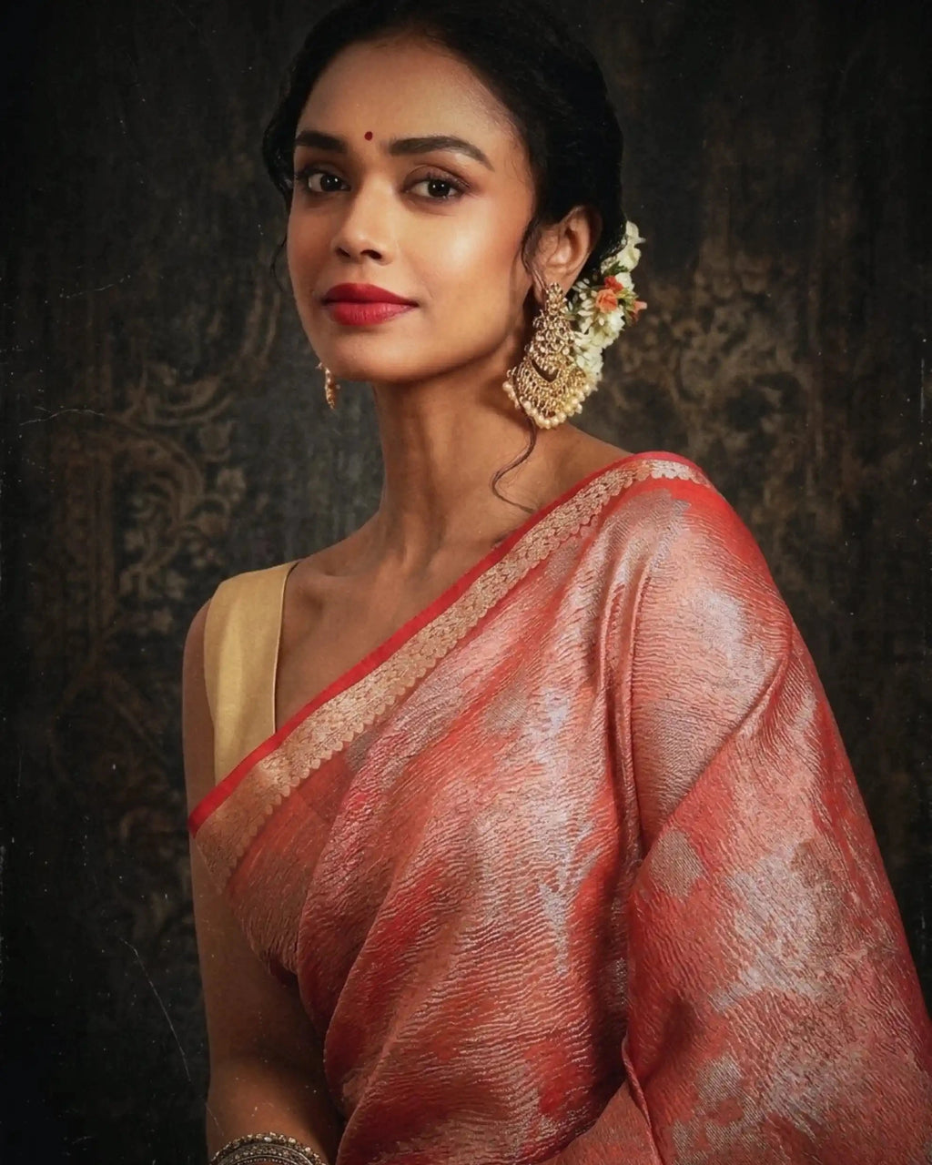 Surkh Rang Mahal Coral Banarasi Silk Saree
