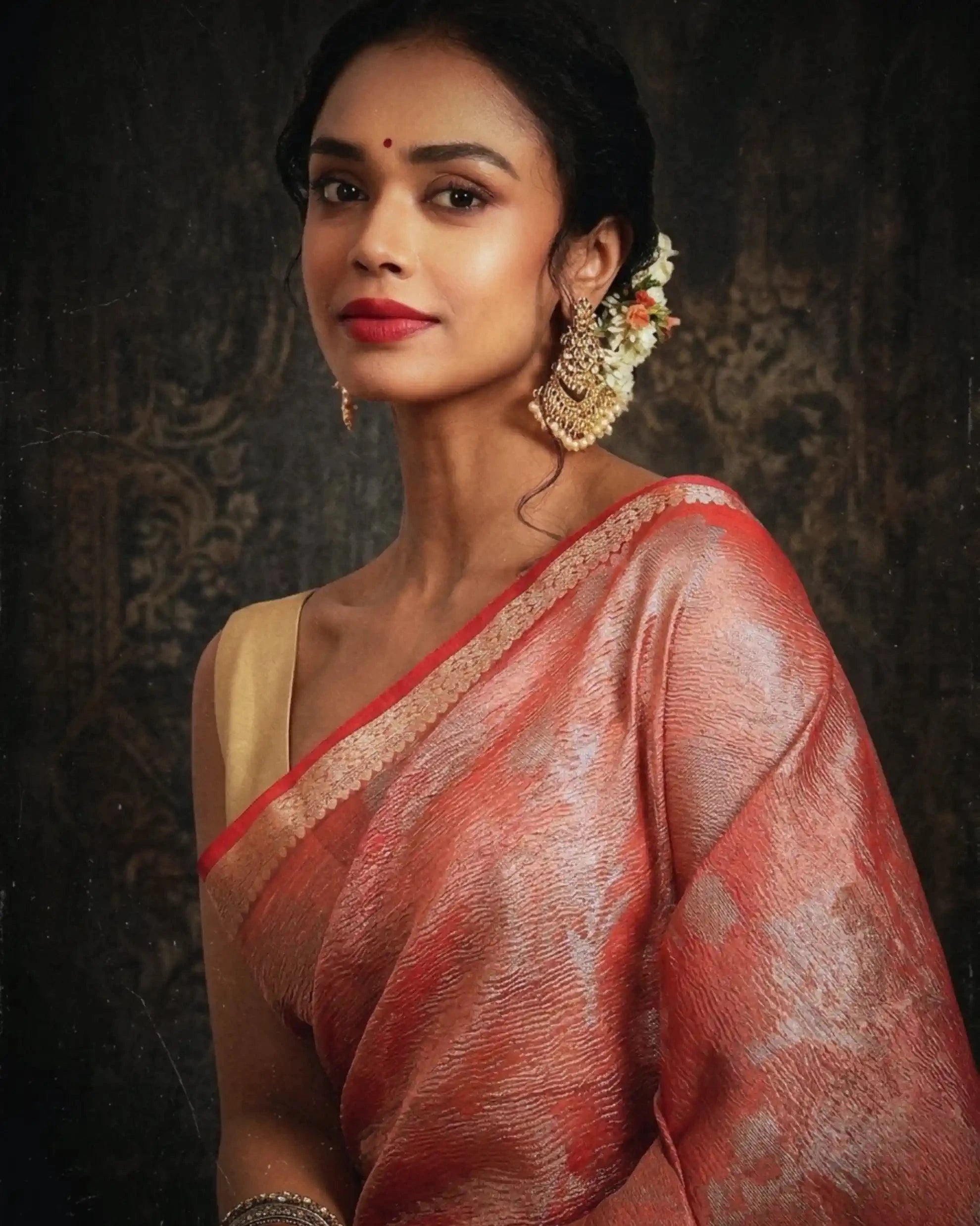 Surkh Rang Mahal Coral Banarasi Silk Saree