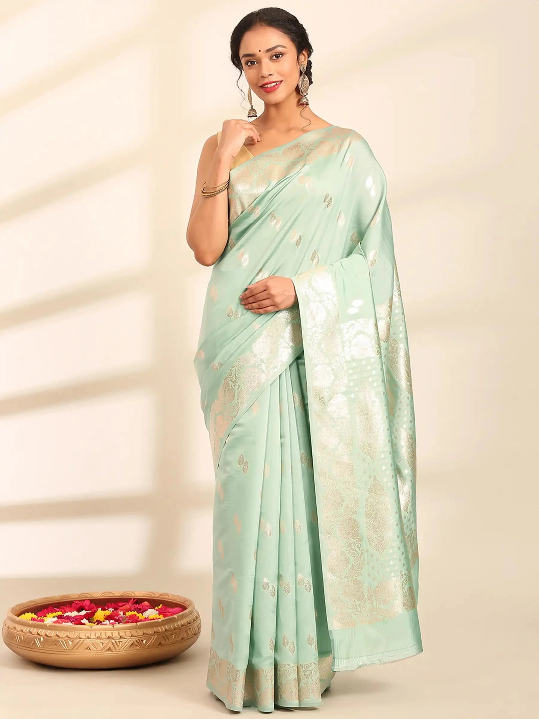 Mint Green Soft Banarasi Silk Saree