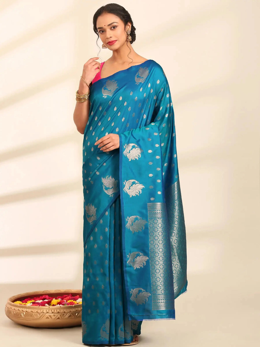 Rajwada Zari Jaal Teal Blue Banarasi Silk Saree