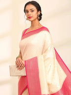 Rani Pushp Cream Pink Banarasi Silk Saree