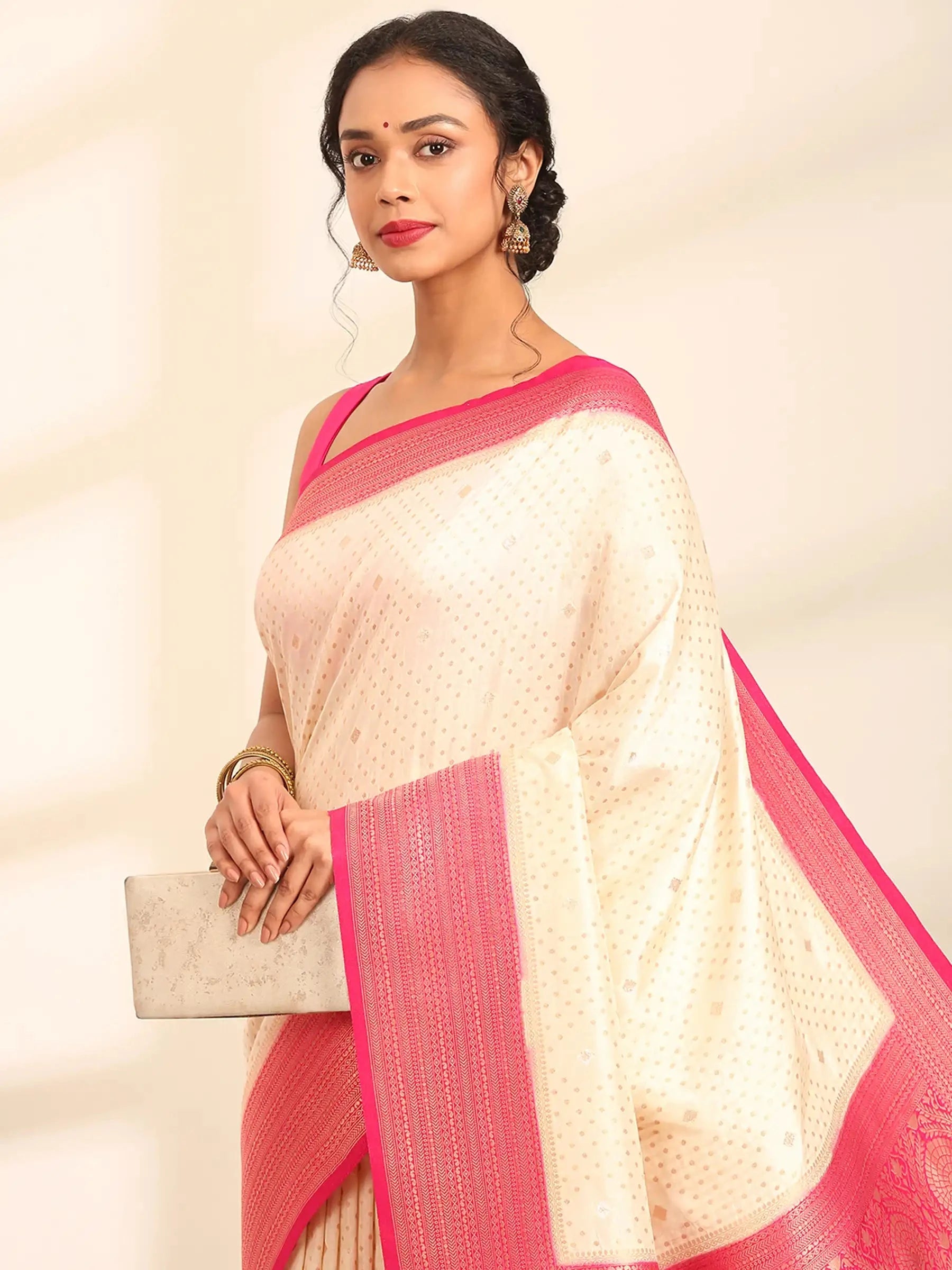 Rani Pushp Cream Pink Banarasi Silk Saree