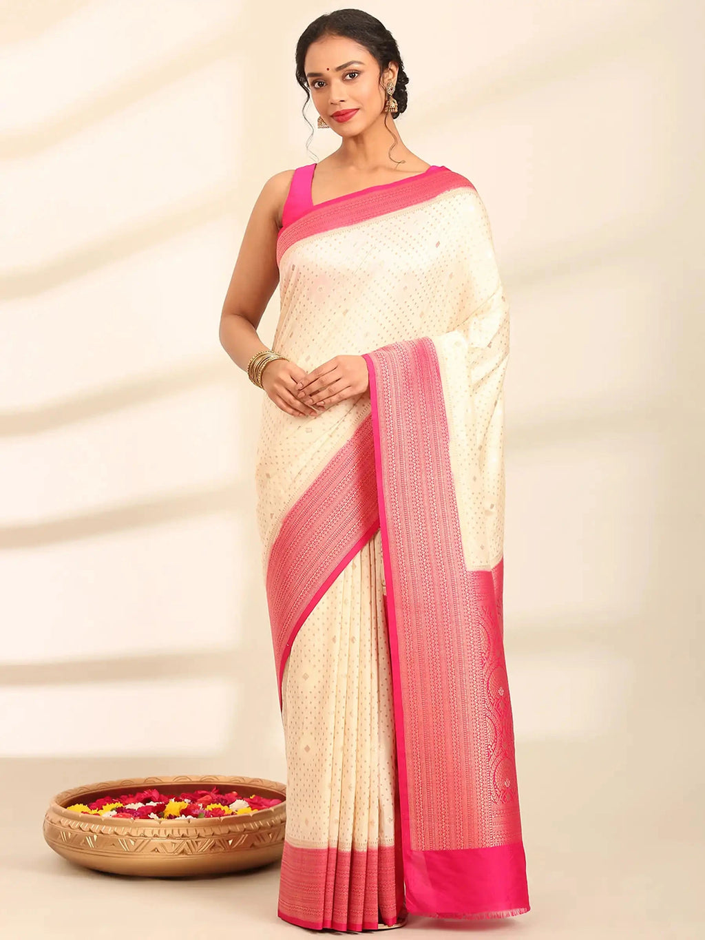 Rani Pushp Cream Pink Banarasi Silk Saree