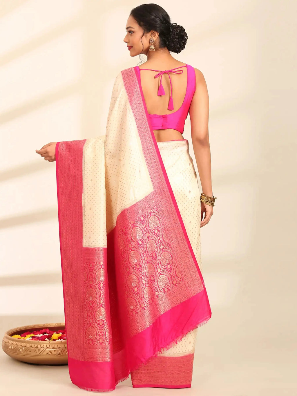 Rani Pushp Cream Pink Banarasi Silk Saree