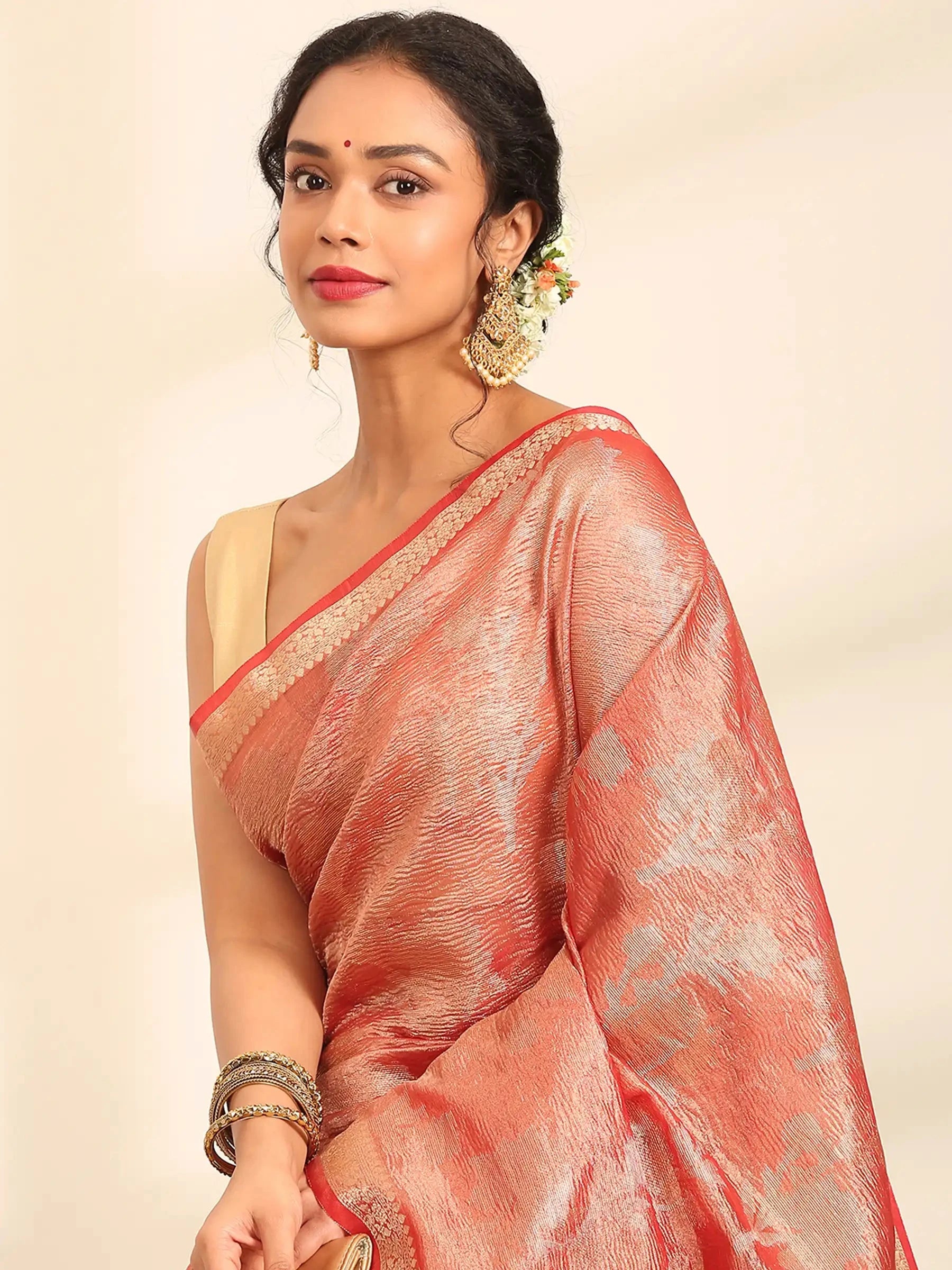 Surkh Rang Mahal Coral Banarasi Silk Saree
