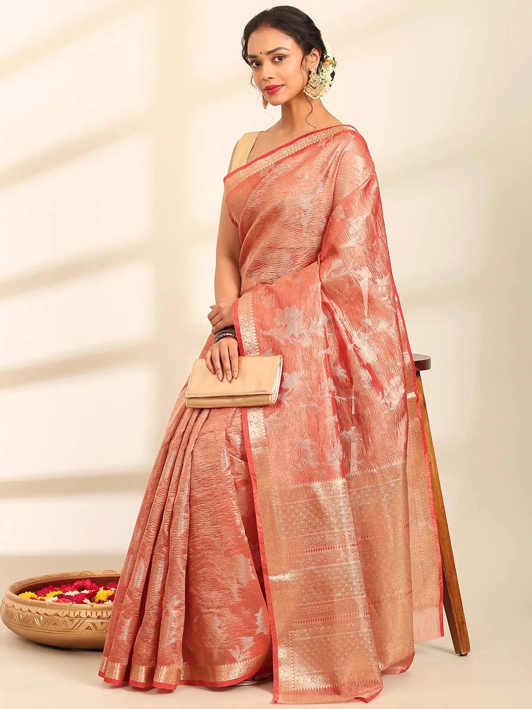 Surkh Rang Mahal Coral Banarasi Silk Saree