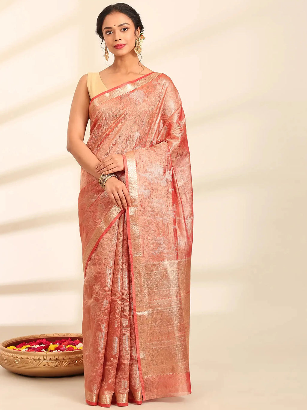 Surkh Rang Mahal Coral Banarasi Silk Saree