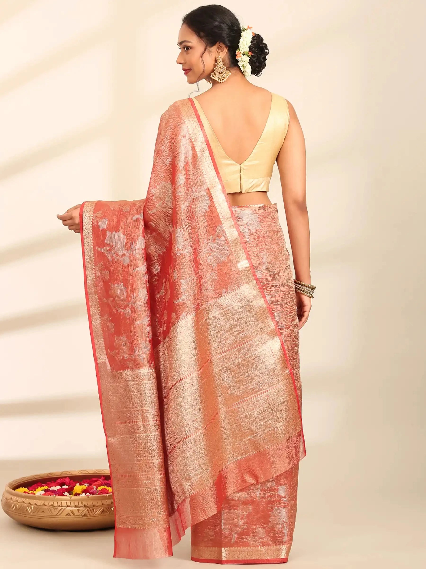 Surkh Rang Mahal Coral Banarasi Silk Saree