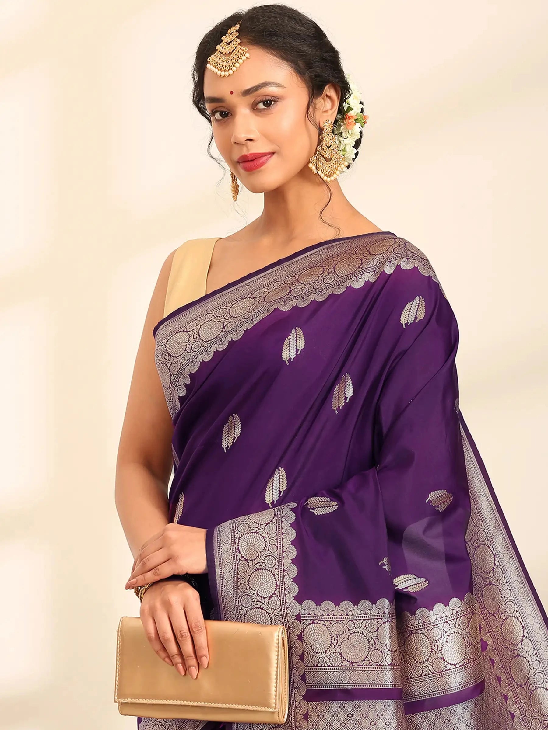 Surmayi Jaal Purple Banarasi Silk Saree