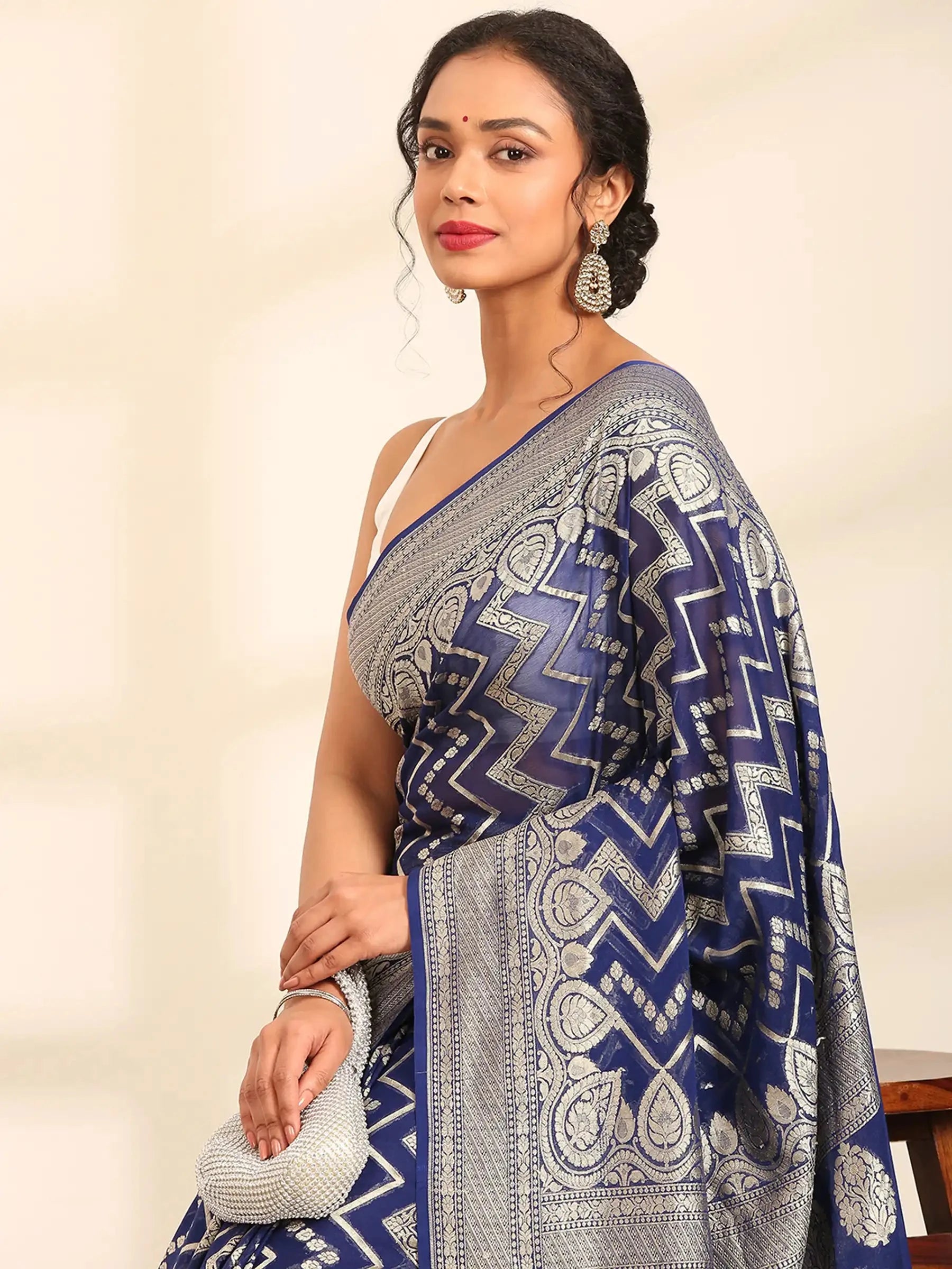 Rajkumari Chevron Blue Banarasi Silk Saree