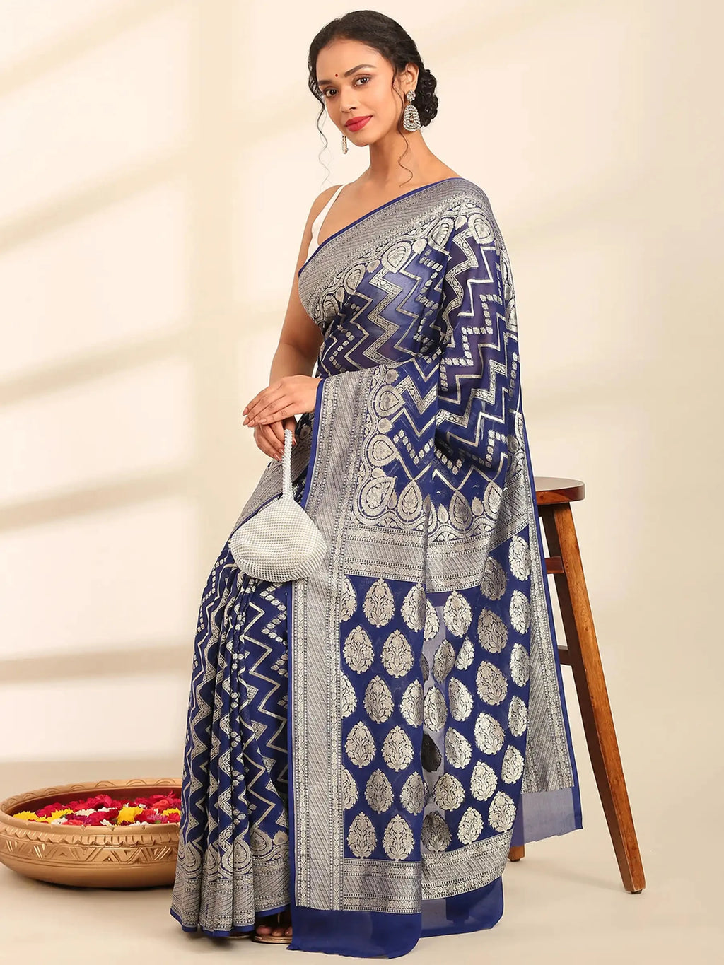 Rajkumari Chevron Blue Banarasi Silk Saree