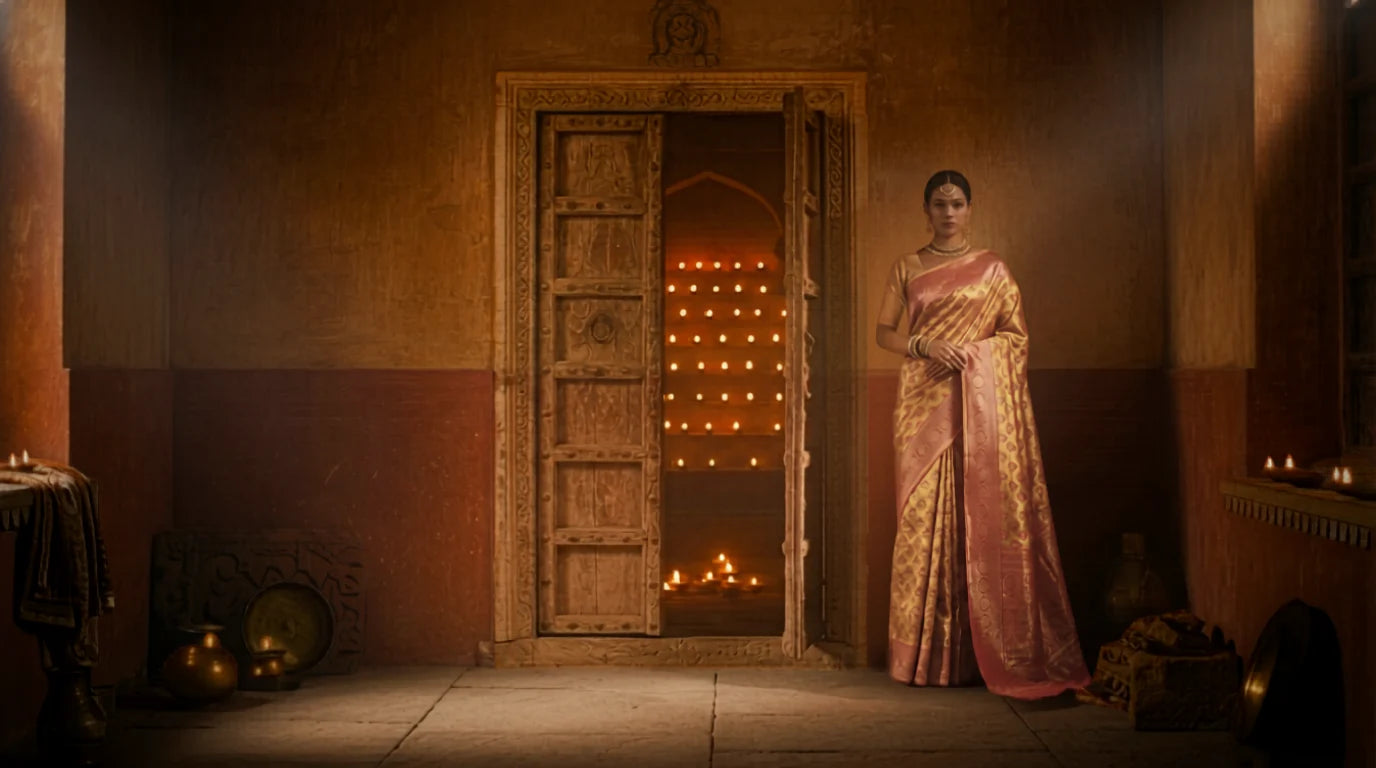 Woman in a traditional saree standing in a dimly lit room with wooden doors.