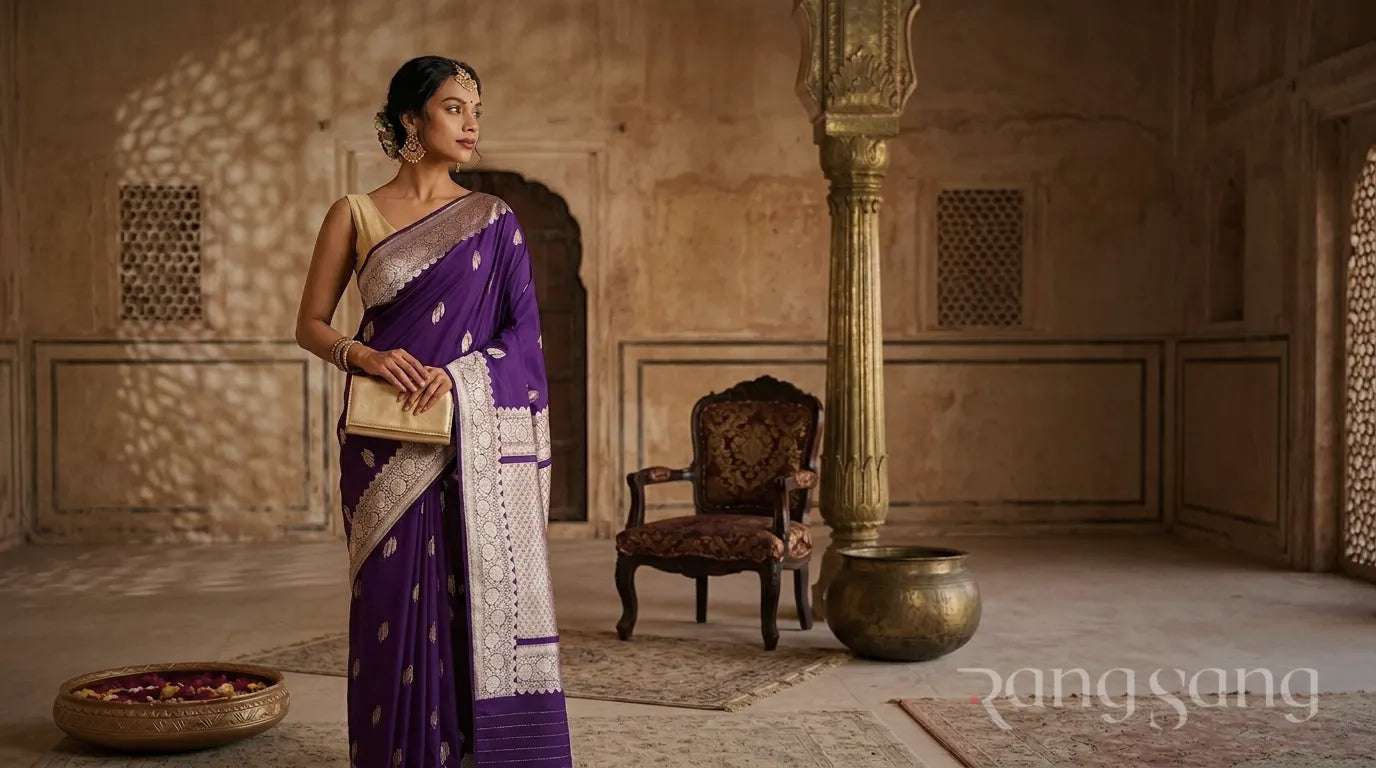 Woman in a purple saree standing in a dimly lit, ornate room.