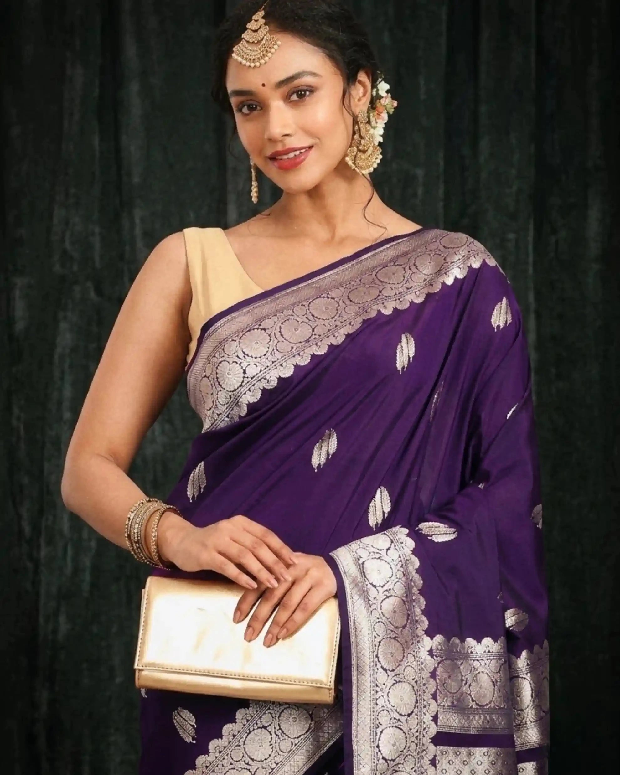Surmayi Jaal Purple Banarasi Silk Saree