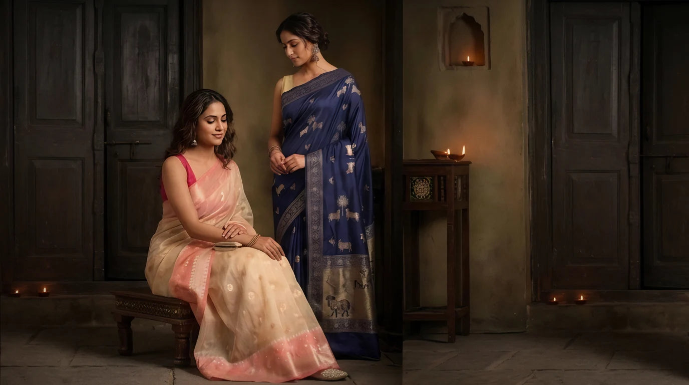 Two women in traditional sarees in a dimly lit room.