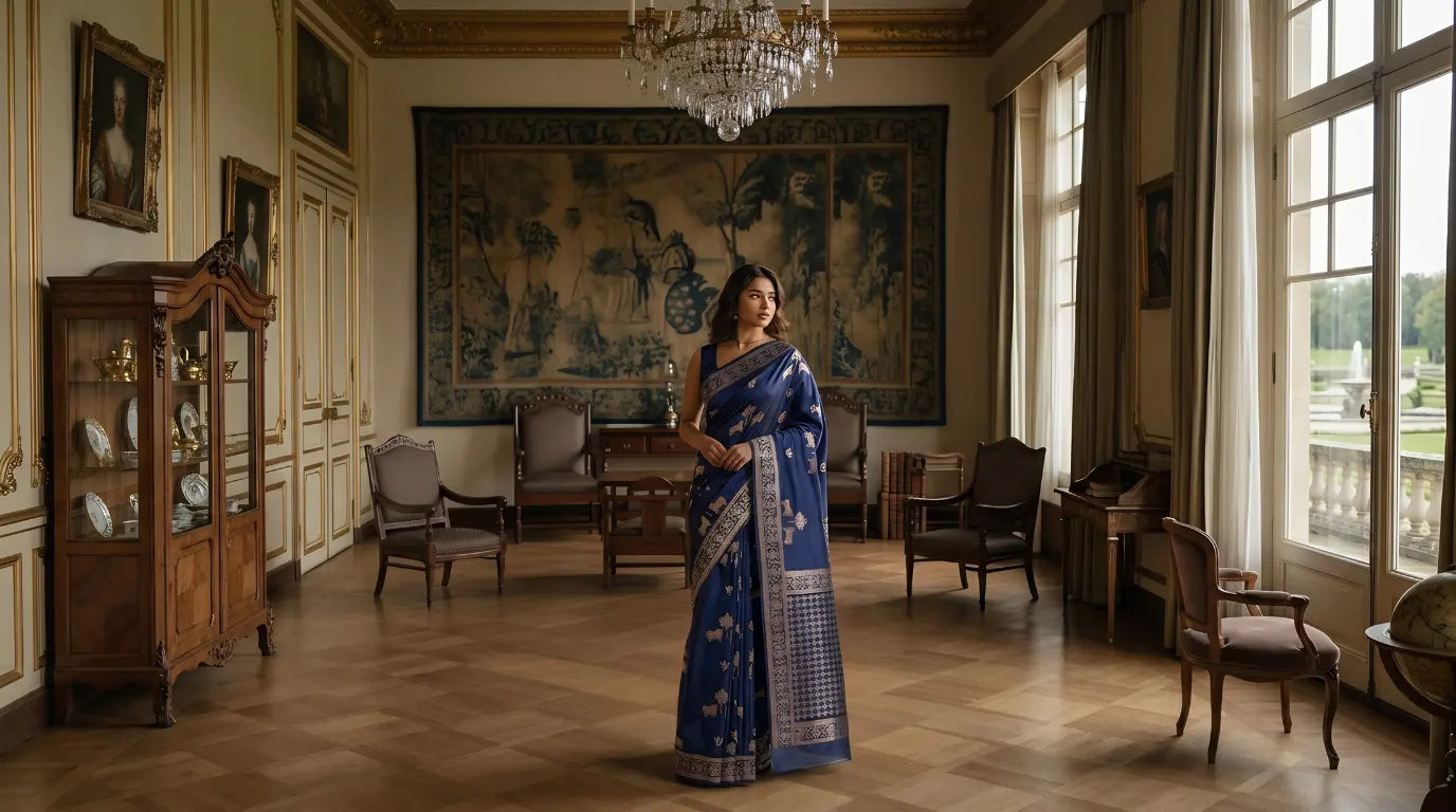 Woman in a blue saree standing in an elegant room with large windows and classical furniture.