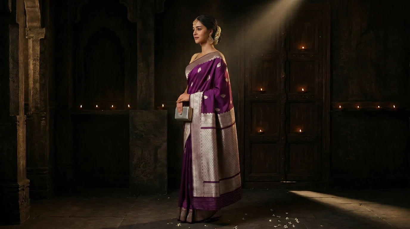 Woman in a traditional saree standing in a dimly lit, ornate room.